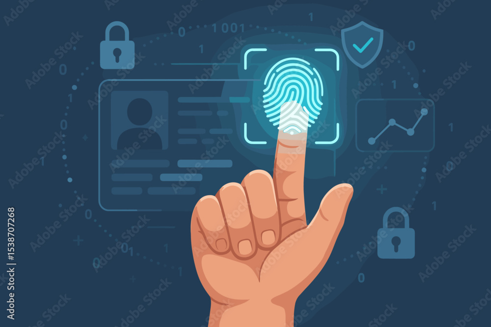 Fingerprint scan for biometric security. Digital authentication and identification concept. Cybersecurity technology for data protection, privacy, and secure access control. Vector illustration. Fingerprint scan for biometric security. Digital authentication and identification concept. Cybersecurity technology for data protection, privacy, and secure access control. Vector illustration.