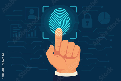 Fingerprint scan for biometric authentication. Cybersecurity concept with hand touching digital screen for secure data access. Identity verification and privacy protection technology.