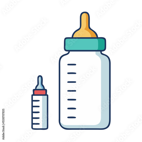 Vector illustration of a baby bottle with measurement marks and cap on white background