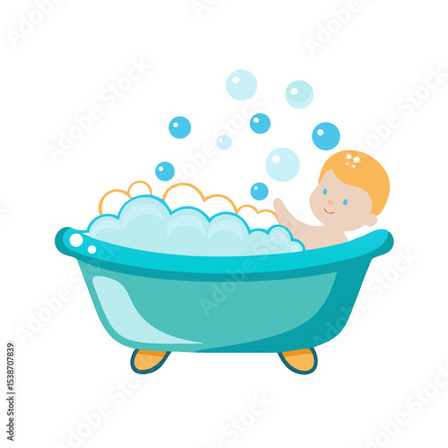 Vector illustration of a baby bath filled with warm water and bubbles on white background