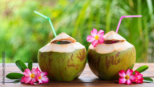 Coconut tropical cocktail against the background of palm leaves