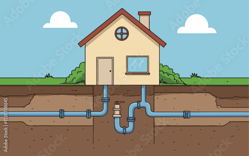House with water supply and sewerage system. Vector illustration