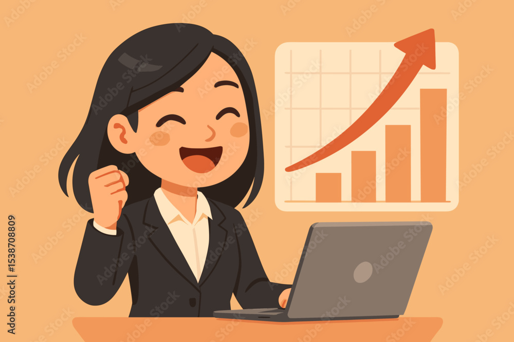 Successful businesswoman celebrates financial growth in front of a laptop. Happy female employee excited about a rising profit chart. Career achievement, goal, and success concept. Successful businesswoman celebrates financial growth in front of a laptop. Happy female employee excited about a rising profit chart. Career achievement, goal, and success concept.