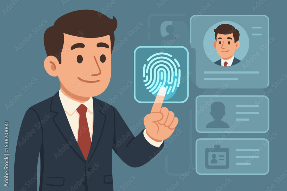 Biometric authentication technology concept. Businessman using a fingerprint scanner to access secure personal data. Digital identity verification and login on a futuristic UI. Cybersecurity. Biometric authentication technology concept. Businessman using a fingerprint scanner to access secure personal data. Digital identity verification and login on a futuristic UI. Cybersecurity.