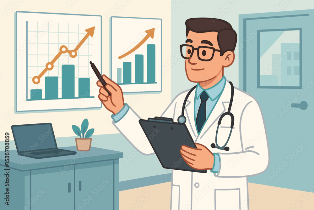 Medical doctor giving a presentation, pointing at a growth chart. Physician in a clinic analyzing data. Healthcare business concept, financial success, positive results, statistics. Medical doctor giving a presentation, pointing at a growth chart. Physician in a clinic analyzing data. Healthcare business concept, financial success, positive results, statistics.