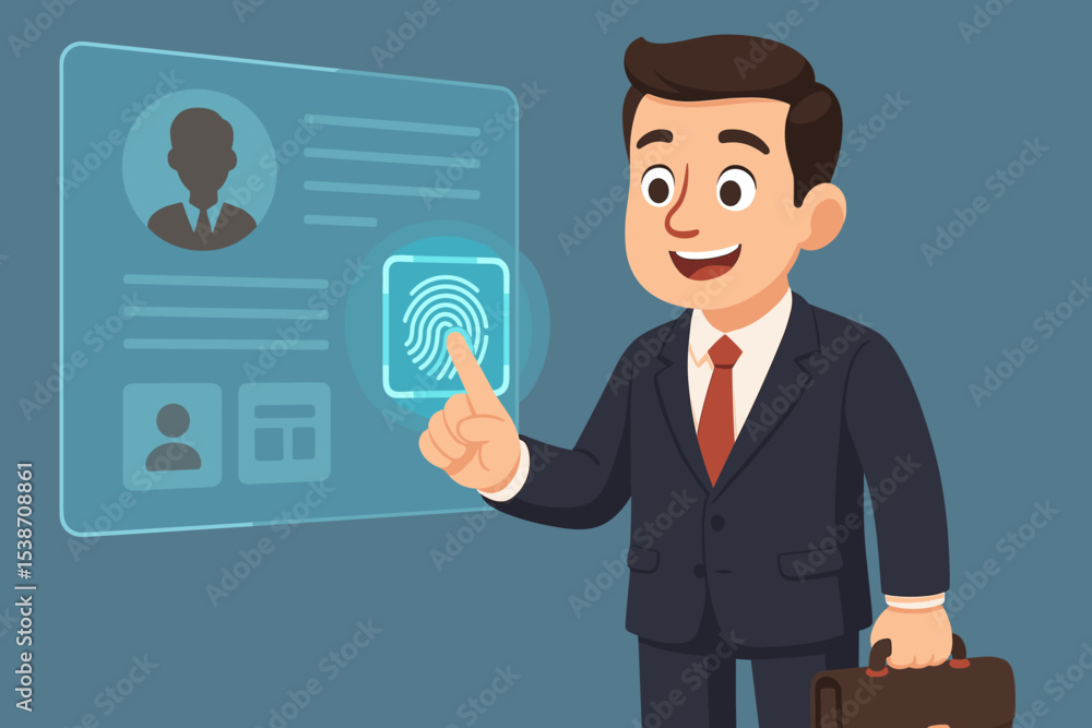 Businessman scanning fingerprint on a futuristic interface for secure data access. Biometric authentication and identity verification technology. Cybersecurity and user login concept. Businessman scanning fingerprint on a futuristic interface for secure data access. Biometric authentication and identity verification technology. Cybersecurity and user login concept.