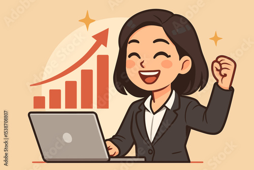 Businesswoman celebrates success. Happy female employee at laptop rejoices at profit growth chart. Cartoon vector concept of career achievement, financial victory, and reaching goals.
