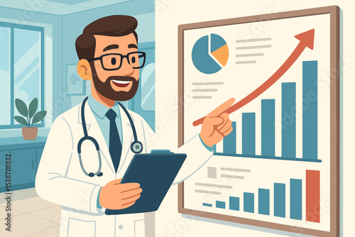 Doctor presenting medical data. Physician in clinic pointing at growth chart with rising arrow. Healthcare success, medical research, and positive results concept illustration.