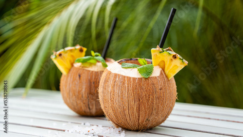 Coconut tropical cocktail against the background of palm leaves