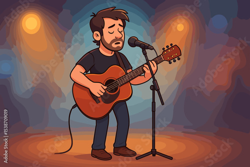 Cartoon singer-songwriter playing acoustic guitar and singing into a microphone on stage. Male musician performing a heartfelt ballad at a concert under spotlights. Solo artist character.