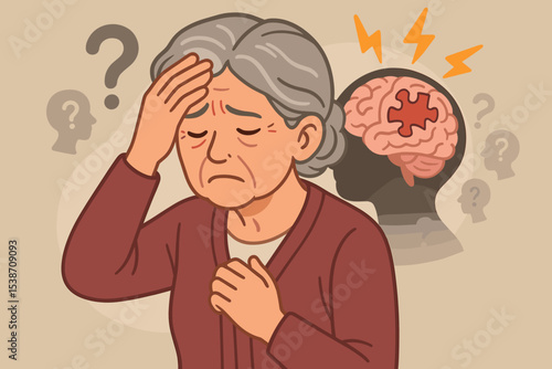 Alzheimer's disease concept illustration. Stressed senior woman with memory loss and dementia. Head silhouette with brain and missing puzzle piece. Mental health, neurological disorder.