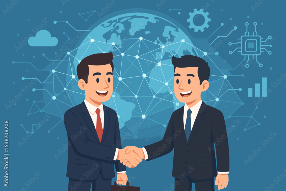 Two businessmen shaking hands in front of a globe. Global business partnership concept. International corporate deal, agreement, and collaboration. Technology and network background. Two businessmen shaking hands in front of a globe. Global business partnership concept. International corporate deal, agreement, and collaboration. Technology and network background.