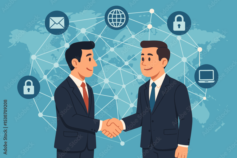 Global business partnership concept. Two businessmen shake hands for an international deal. World map with network connection, communication, and security icons. B2B agreement vector. Global business partnership concept. Two businessmen shake hands for an international deal. World map with network connection, communication, and security icons. B2B agreement vector.