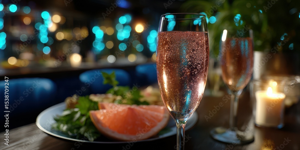 Bubbly drink served with fresh salad and grapefruit in a cozy restaurant setting during evening hours Bubbly drink served with fresh salad and grapefruit in a cozy restaurant setting during evening hours