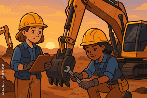 Diverse team of female engineers working on a construction site. Women in hard hats doing maintenance and inspection on an excavator. Heavy machinery repair and teamwork concept.