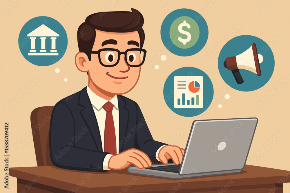 Businessman at office desk working on laptop. Multitasking concept for financial management, business data analytics, marketing strategy and banking. Professional manager vector. Businessman at office desk working on laptop. Multitasking concept for financial management, business data analytics, marketing strategy and banking. Professional manager vector.