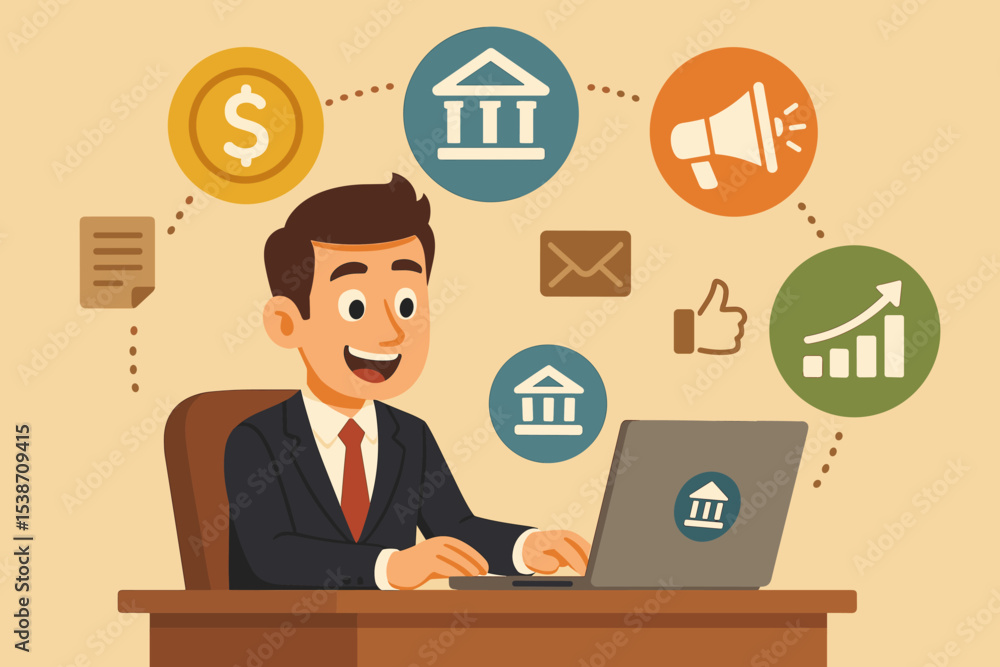 Digital business concept with a manager at a desk using a laptop. Icons for online banking, finance, marketing, and data analytics. Business growth, success, and multitasking concept. Digital business concept with a manager at a desk using a laptop. Icons for online banking, finance, marketing, and data analytics. Business growth, success, and multitasking concept.