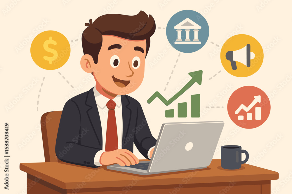 Businessman working on laptop with finance icons. Concept of investment, marketing, and business growth. Financial analysis, banking and strategy for success. Stock market trading. Businessman working on laptop with finance icons. Concept of investment, marketing, and business growth. Financial analysis, banking and strategy for success. Stock market trading.