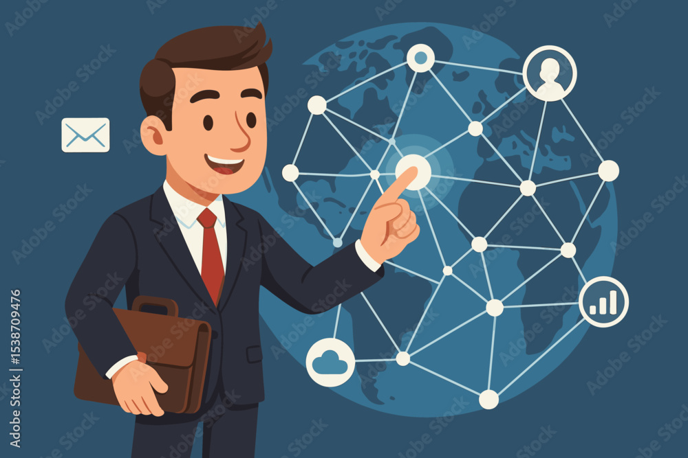 Cartoon businessman interacting with global network on world map. Man pointing at digital interface with cloud, data analytics, and social icons. Concept of business globalization. Cartoon businessman interacting with global network on world map. Man pointing at digital interface with cloud, data analytics, and social icons. Concept of business globalization.