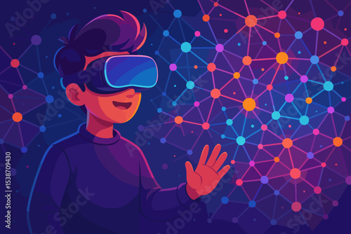 Boy wearing VR headset explores the metaverse. Futuristic concept of virtual reality. Young man interacting with a glowing digital data network. Cyberspace, AR, and gaming technology.