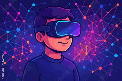 Futuristic virtual reality concept with a man wearing VR headset. Person exploring the metaverse or cyberspace on a digital network background. Immersive technology for gaming.