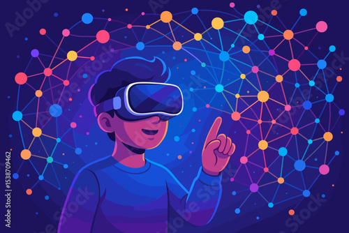 Man in virtual reality headset exploring the metaverse. Futuristic technology concept. Character interacting with a digital network, data visualization, and cyberspace interface.
