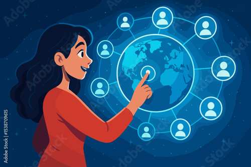 Global social media network concept. Woman connecting with a worldwide community. International communication, online business networking, and digital technology vector illustration.