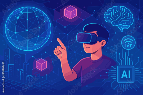 Man in VR glasses explores the metaverse. Futuristic digital interface with AI brain, IoT, and global network icons. Virtual reality, technology and blockchain concept illustration.