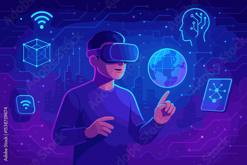 Man in VR headset exploring the metaverse, interacting with a futuristic digital interface. Virtual reality concept with AI, global network, and IoT icons in a neon cyberspace.