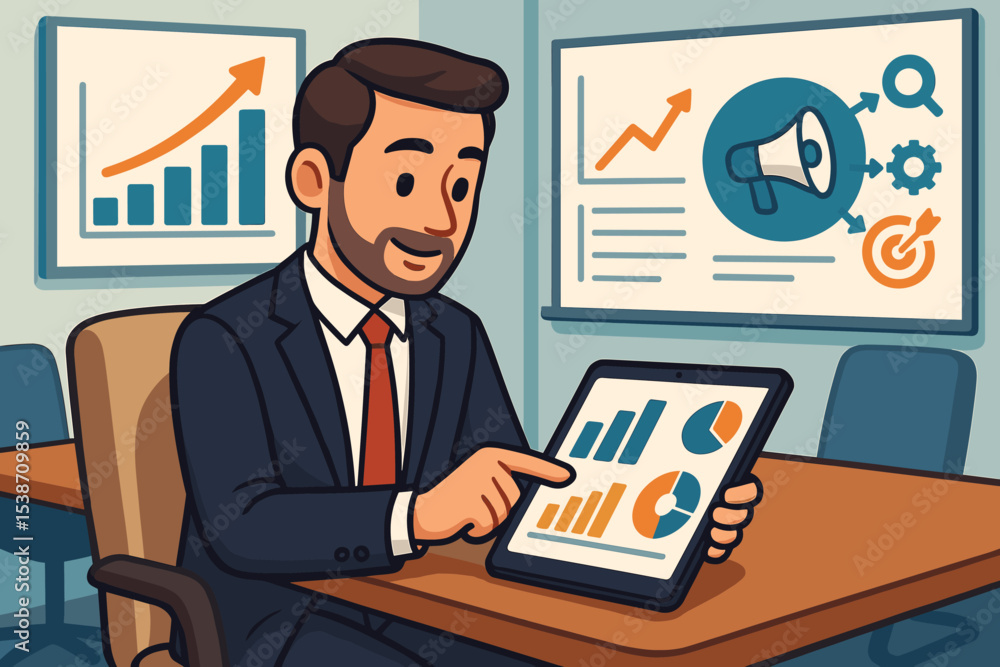 Businessman analyzing sales data on a tablet. Financial analyst reviewing a report with charts for business growth. Marketing strategy, data visualization, and market research concept. Businessman analyzing sales data on a tablet. Financial analyst reviewing a report with charts for business growth. Marketing strategy, data visualization, and market research concept.