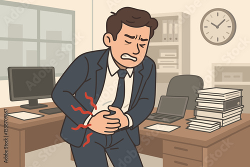 Stressed businessman with stomach ache in the office. Man suffering from abdominal pain, cramps, indigestion, gastritis, or food poisoning. Workplace health problem vector illustration.