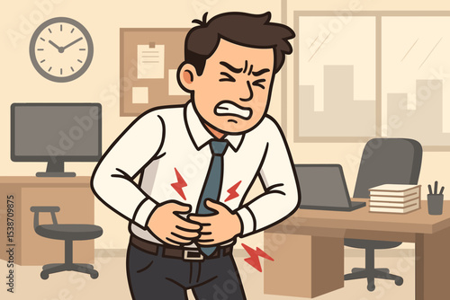 Businessman suffering from a severe stomachache in the office. Office worker with abdominal pain, cramps, and indigestion due to work stress. Concept of gastritis or food poisoning.