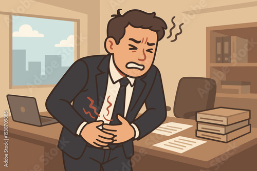 Office stress and burnout concept. Businessman suffering from a severe stomach ache. Unwell employee feeling abdominal pain, indigestion, or ulcer from work pressure. Health issues.