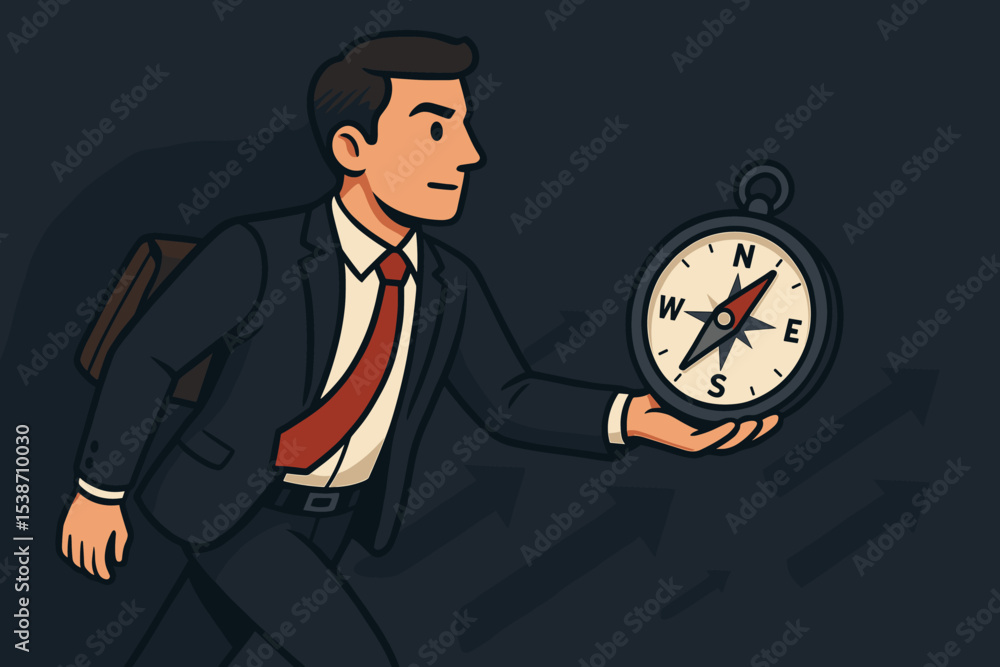 Businessman navigating with a compass, symbolizing corporate direction and strategy. Concept for leadership, vision, career path guidance, goal setting, and future growth. Businessman navigating with a compass, symbolizing corporate direction and strategy. Concept for leadership, vision, career path guidance, goal setting, and future growth.