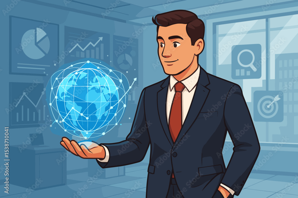 Businessman holding holographic globe with network connection for global business analysis. Futuristic tech concept for financial market growth, data visualization, and strategy. Businessman holding holographic globe with network connection for global business analysis. Futuristic tech concept for financial market growth, data visualization, and strategy.