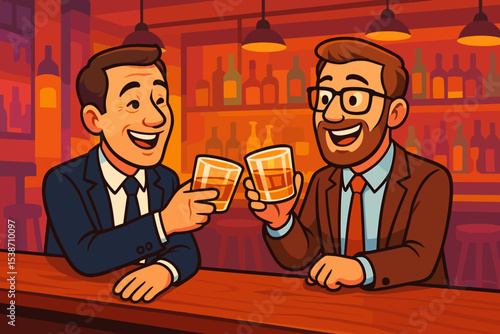Two businessmen celebrating success with a toast of whiskey at a bar. Colleagues clinking glasses in a pub after work. Friendship and partnership concept. Cartoon vector graphic.