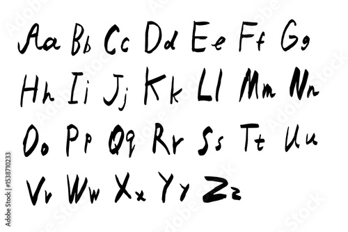 Alphabet is handwritten in black pen scrawl on white background. Doodle style English letters are uppercase and small in simple style.