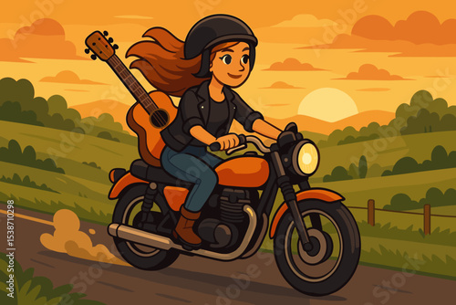 Biker girl with guitar on a motorcycle road trip. Female musician riding through countryside at sunset. Concept of freedom, adventure, lifestyle, travel. Cartoon vector illustration.