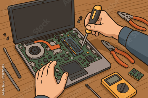 Technician repairing laptop computer with screwdriver. IT support specialist fixing electronic hardware on motherboard. Computer service, maintenance, and diagnostics concept.