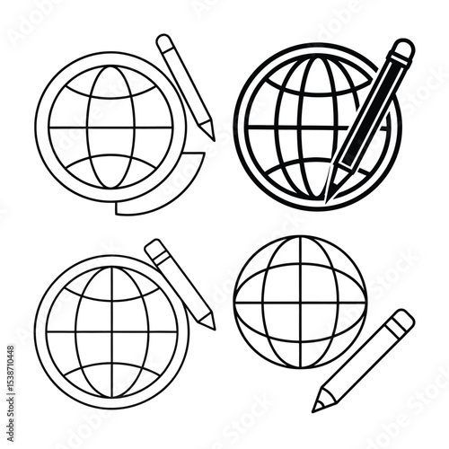 Set of globe icons with pencils illustrating education global learning and international studies