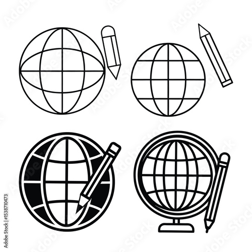 Collection of globe and pencil icons illustrating education global learning and travel concepts