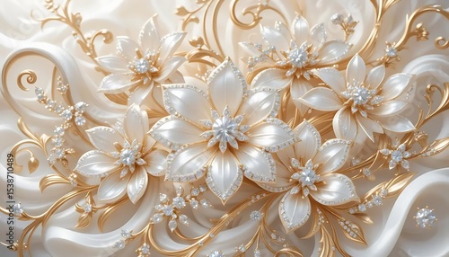 Elegant white flowers with gold accents and crystal embellishments in luxurious 3D style. Perfect for wedding decor, luxury branding, or background designs.