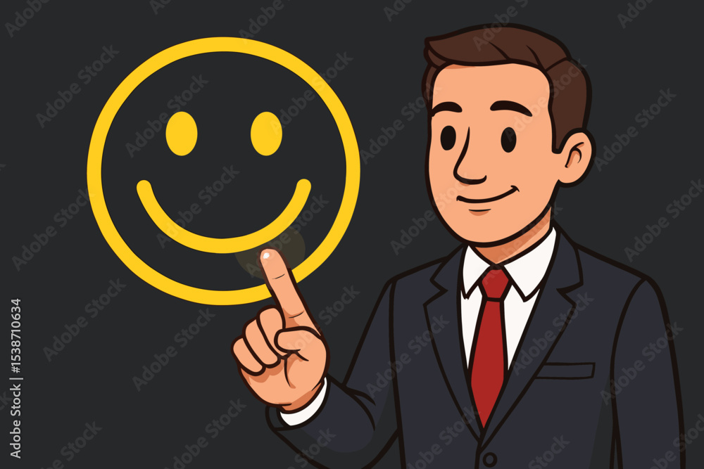Businessman touching a happy face icon for customer satisfaction and positive feedback concept. Excellent service rating, user experience review and business success illustration. Businessman touching a happy face icon for customer satisfaction and positive feedback concept. Excellent service rating, user experience review and business success illustration.
