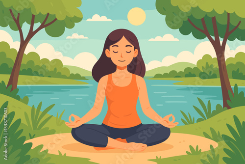 Woman meditating in nature. Yoga in park by the lake. Girl in lotus pose practicing mindfulness. Concept of serenity, relaxation, wellness, and healthy lifestyle. Spiritual harmony.