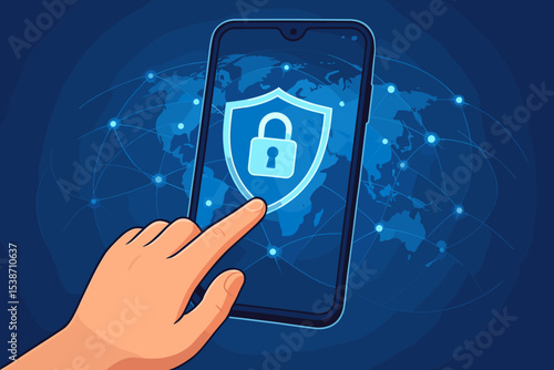Cyber security technology concept with hand touching smartphone. Shield and padlock icon for data protection. Secure global network, internet privacy, vpn access and antivirus.
