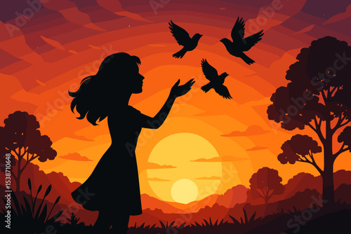 Woman silhouette releasing birds at sunset. Concept of freedom, hope, and letting go. Vector illustration of new beginnings, peace, and healing. Mental health metaphor.