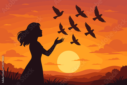 Woman silhouette releasing a flock of flying birds into the sunset sky. Concept of freedom, hope, letting go, and new beginnings. Girl setting doves free in a peaceful nature landscape.