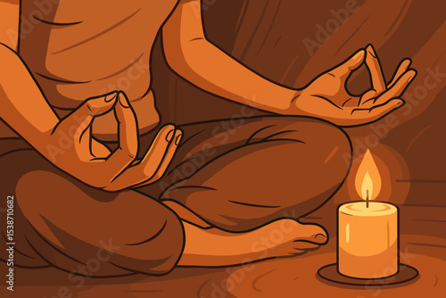Yoga meditation in lotus position with Gyan mudra hand gesture. Spiritual practice by candlelight for mindfulness, relaxation. Concept of serenity, inner peace, and mental health.