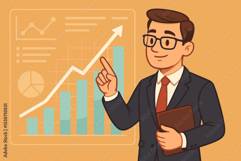 Cartoon businessman presenting financial growth chart. Analyst pointing at data graph showing profit increase. Vector concept for business success, investment, and market analysis. Cartoon businessman presenting financial growth chart. Analyst pointing at data graph showing profit increase. Vector concept for business success, investment, and market analysis.