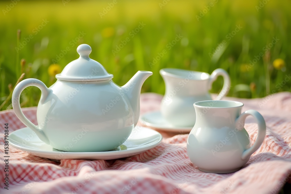 Fototapeta premium Porcelain tea set on a picnic blanket in a grassy field. 
